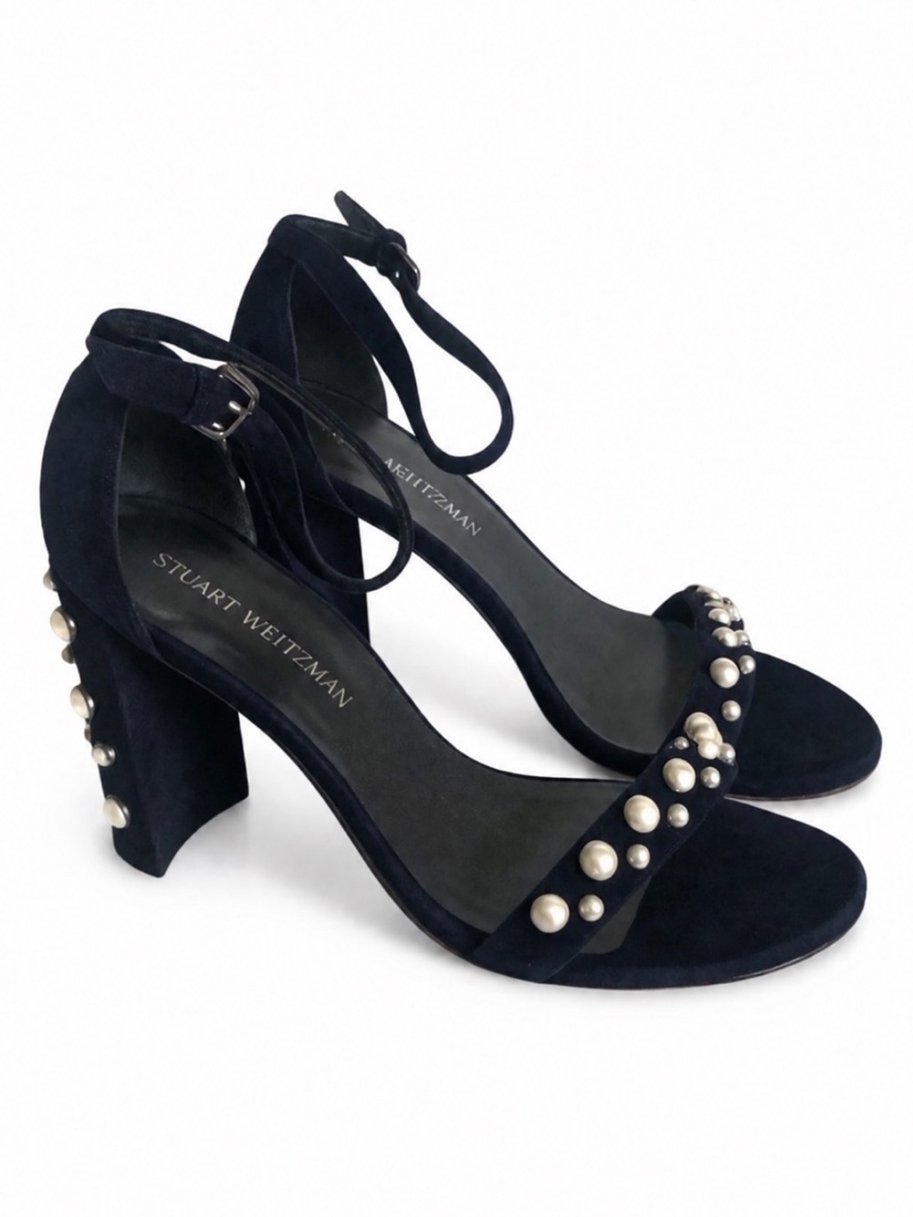 Stuart Weitzman Navy Pearl-Embellished Heels